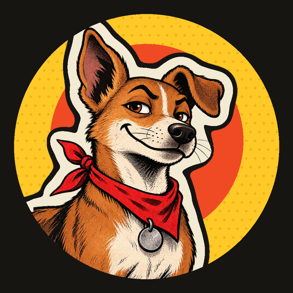 The $RUGDOG token logo: the RUGDOG street dog with a red bandana