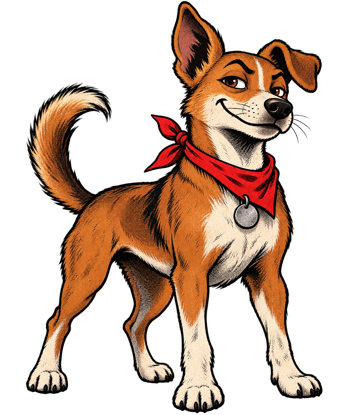 RUGDOG, a brown street dog wearing a red bandana